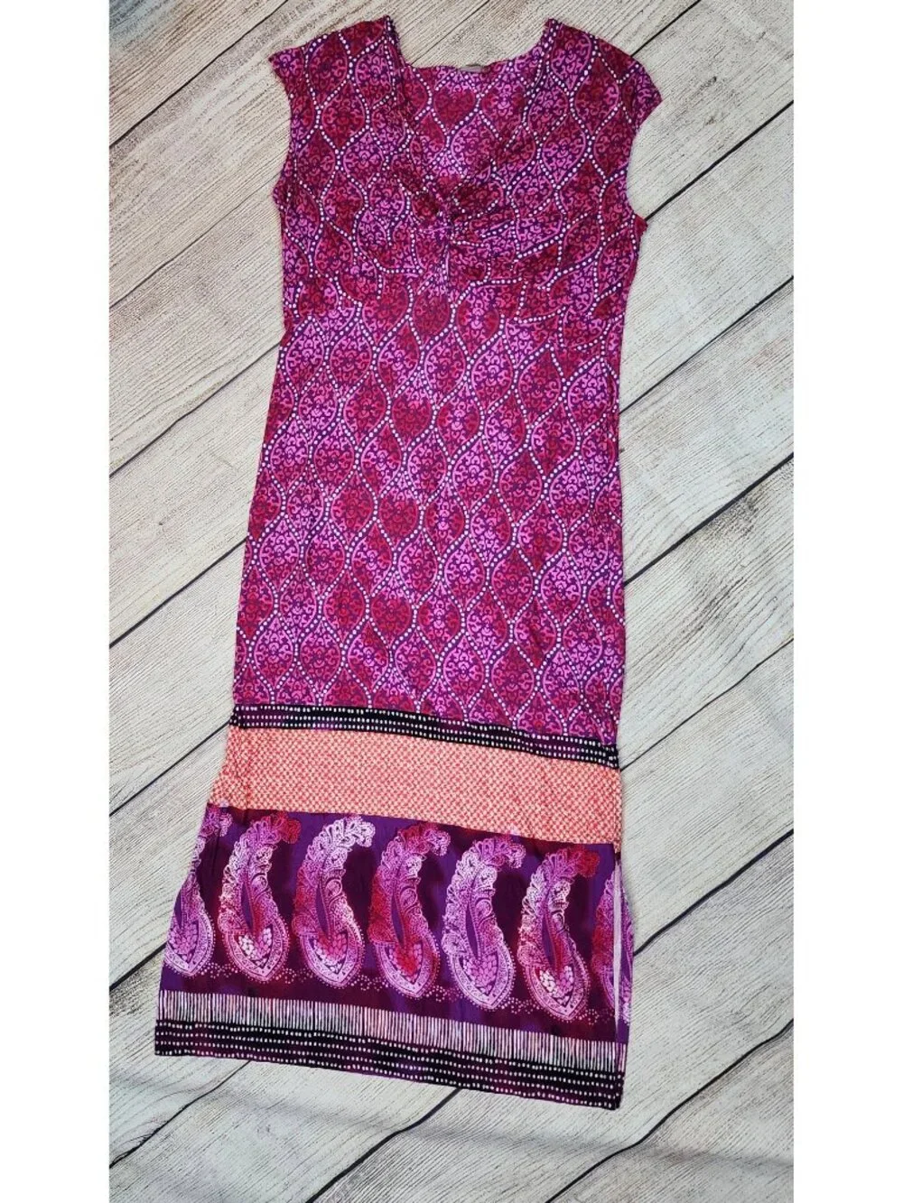 Chico's Vibrant Pink Purple Knot Front Paisley Maxi Dress Size 2 (12/14) Boho - Picture 9 of 12